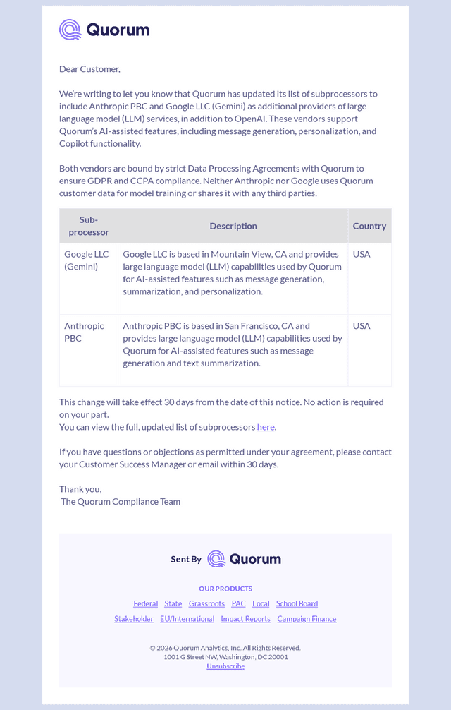 Advance Notice – Update to Quorum’s Subprocessor List