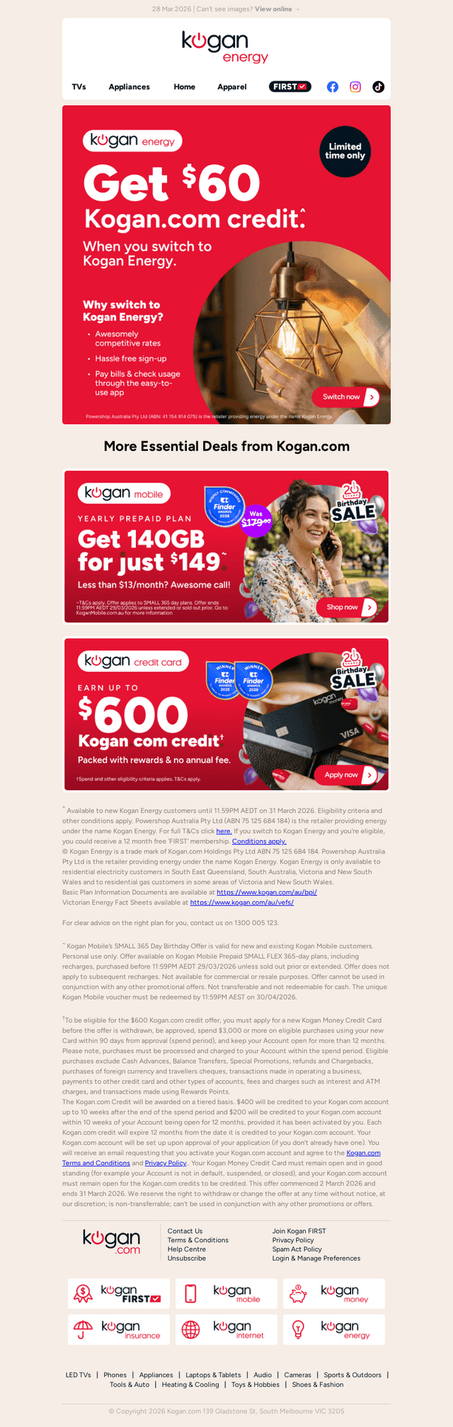 Kogan.com email from Sat, Mar 28, 2026