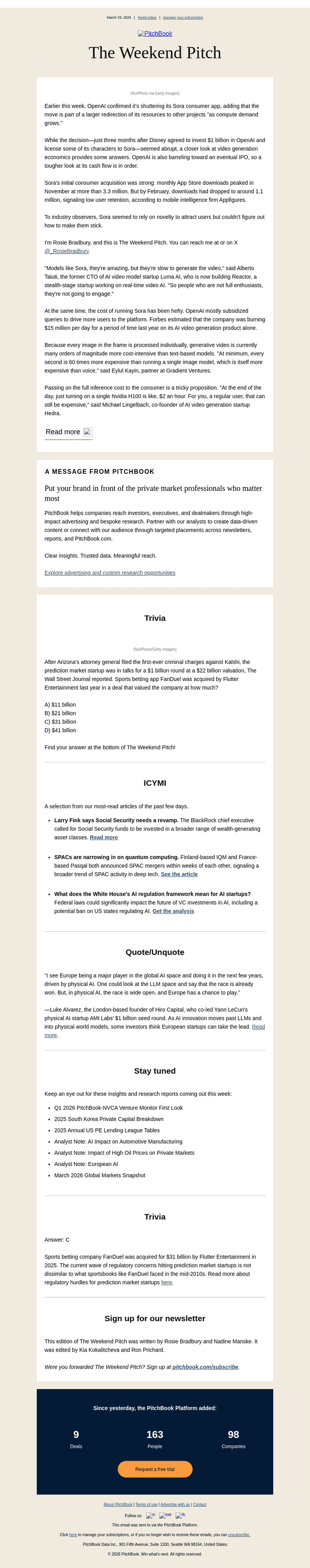 PitchBook Data email from Sun, Mar 29, 2026