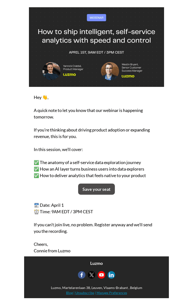 Luzmo email from Tue, Mar 31, 2026
