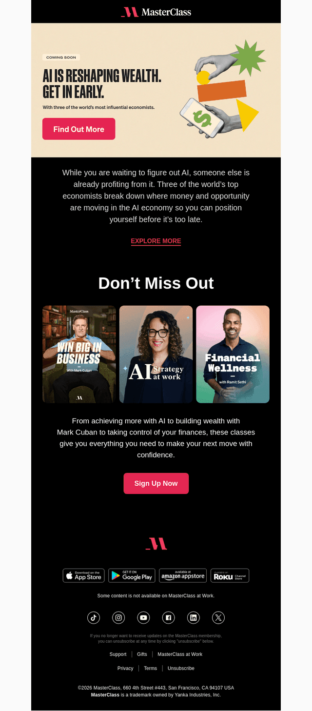MasterClass email from Tue, Mar 31, 2026