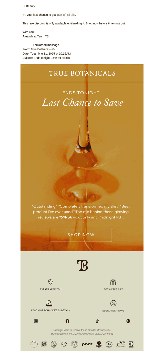 FWD: 15% off oils ends tonight
