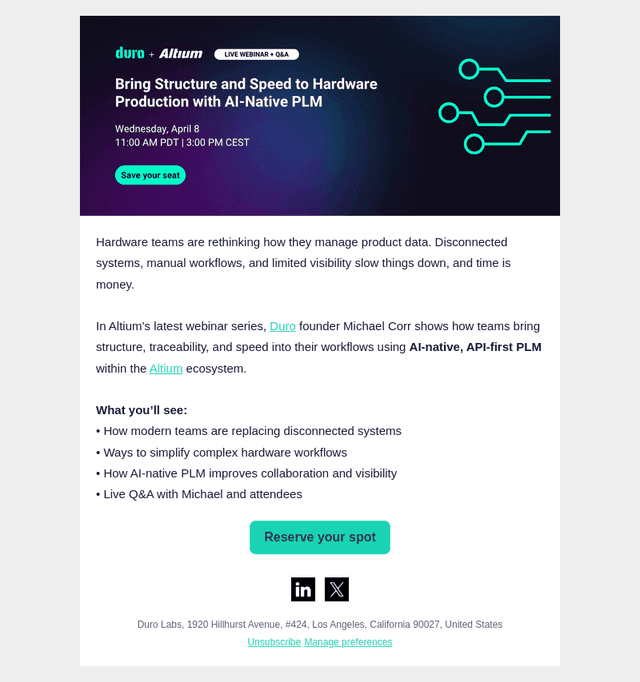 Duro Labs email from Wed, Apr 1, 2026