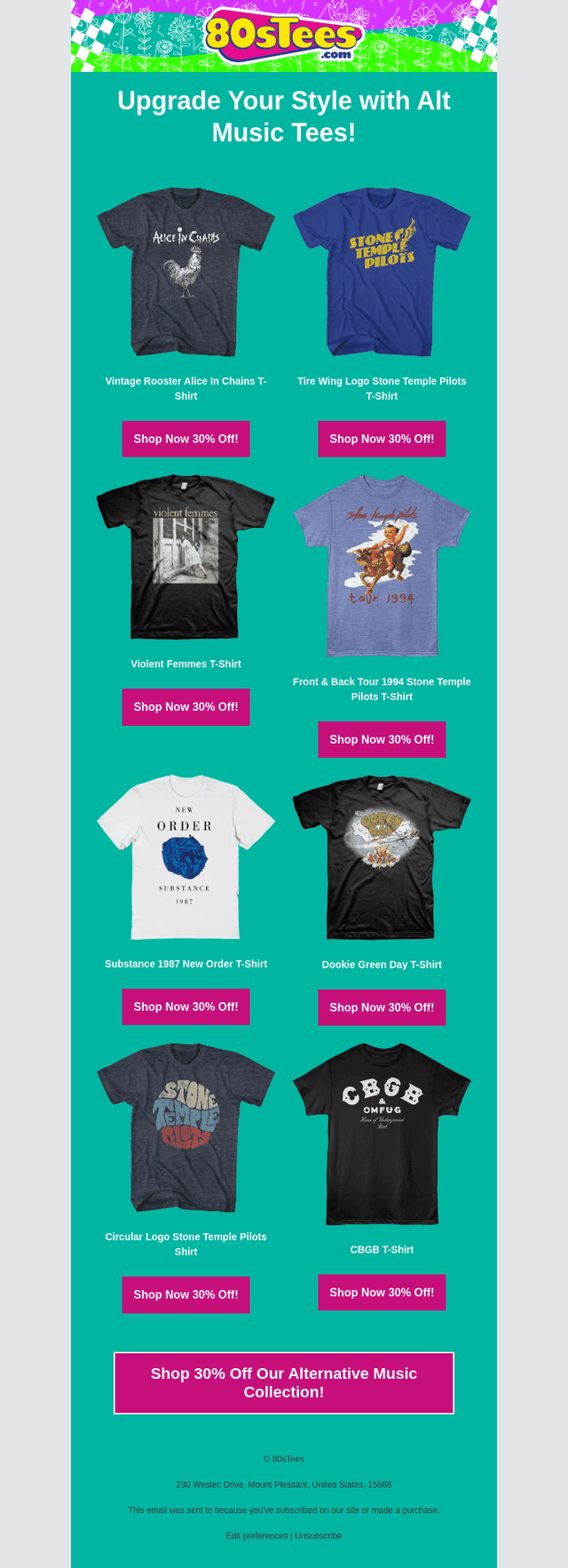 Save 30% on Iconic Alternative Music Tees!