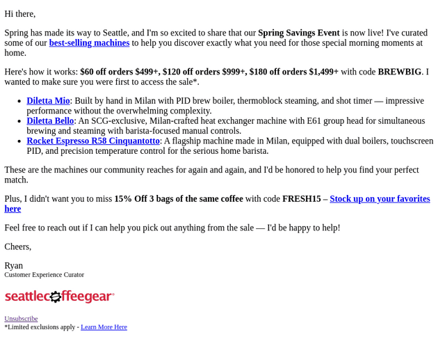 Seattle Coffee Gear email from Thu, Apr 2, 2026
