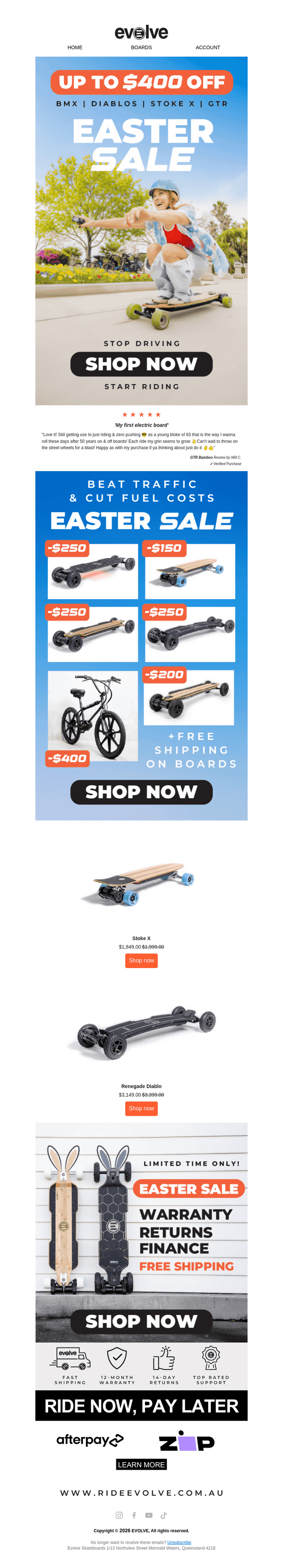 Evolve Skateboards Australia email from Thu, Apr 2, 2026