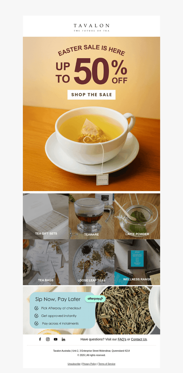Tavalon Tea Australia email from Mon, Apr 6, 2026