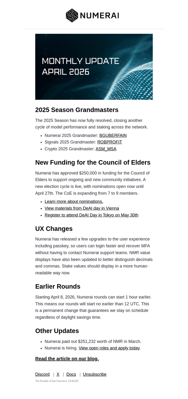 Numerai email from Mon, Apr 6, 2026