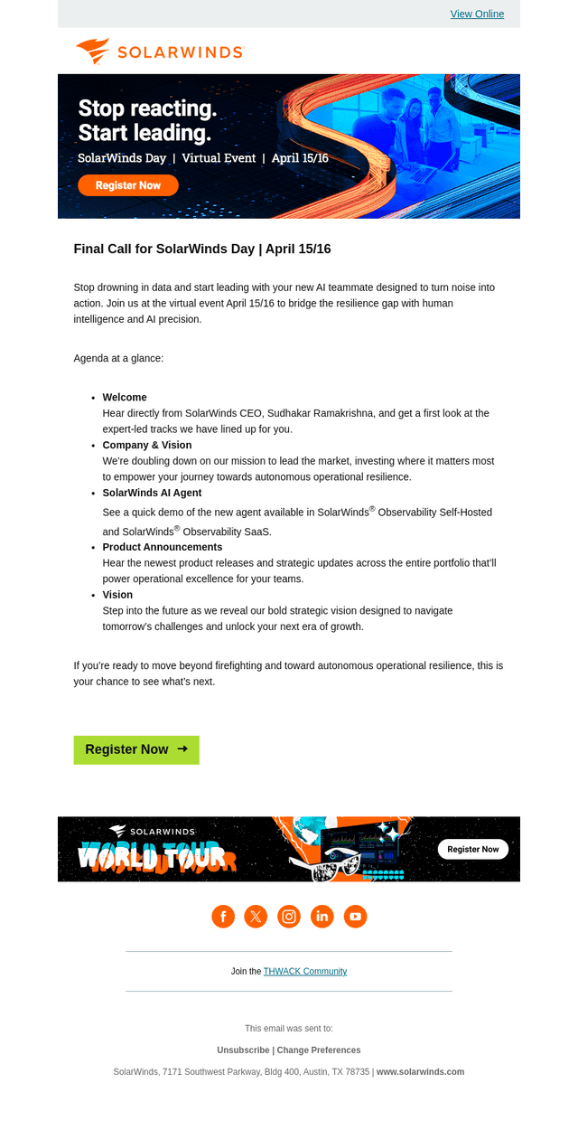SolarWinds email from Tue, Apr 7, 2026