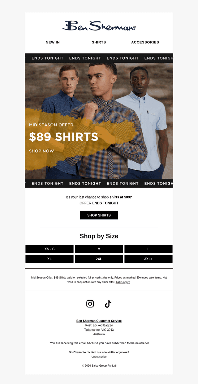 ENDS TONIGHT: $89 SHIRTS ⏰