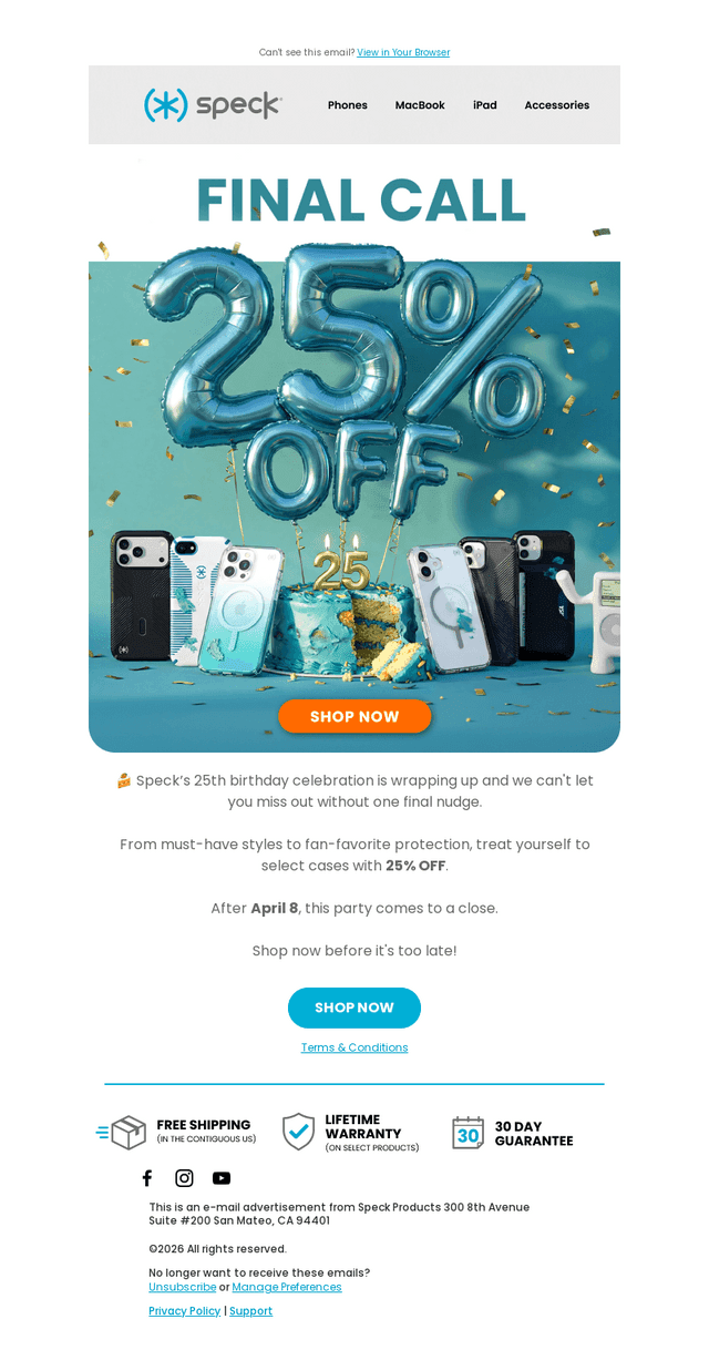 Speck Products email from Wed, Apr 8, 2026