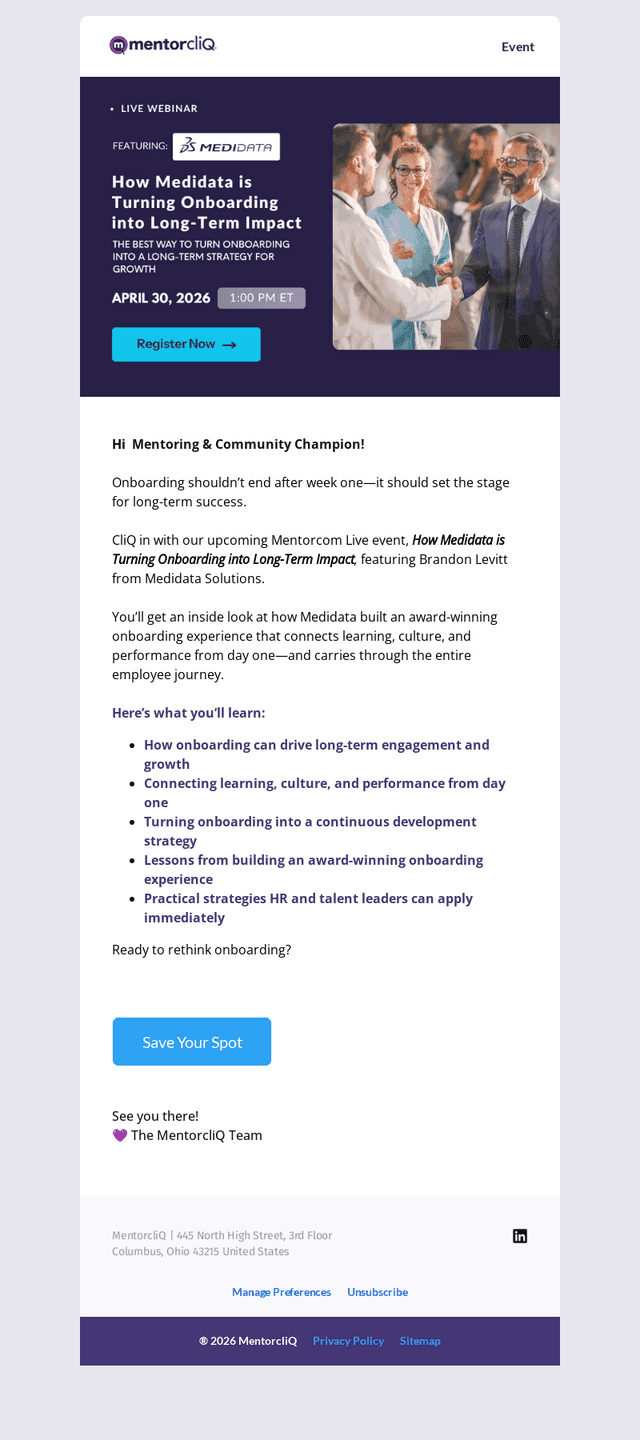 MentorcliQ email from Thu, Apr 9, 2026