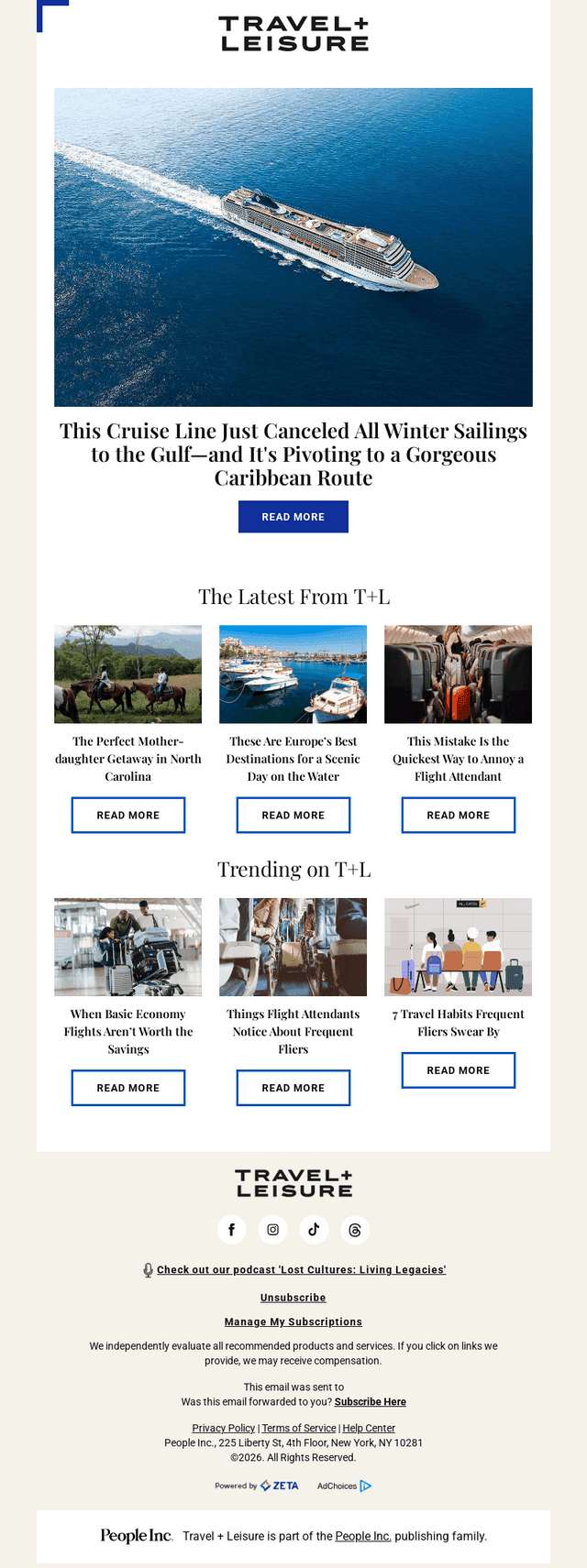 Travel + Leisure email from Thu, Apr 9, 2026