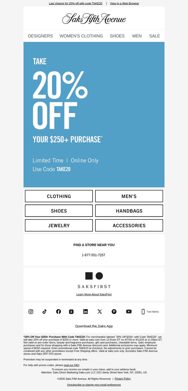 Ends today: 20% off your $250+ purchase