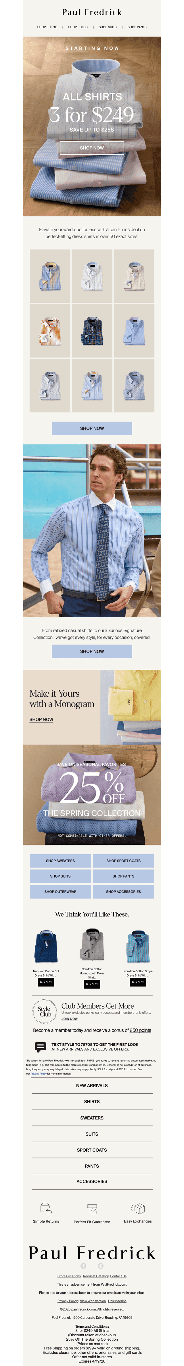 ALL SHIRTS: 3 for $249.