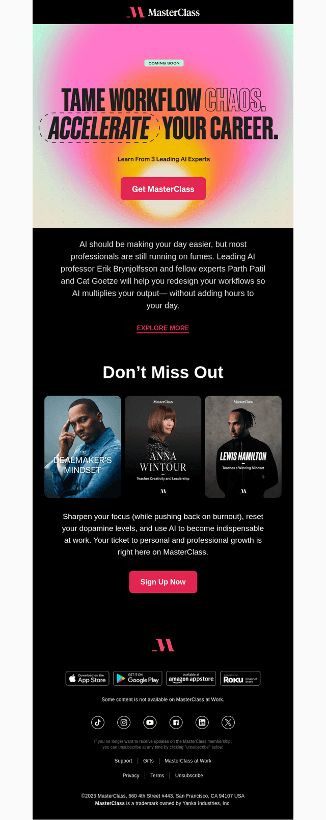 MasterClass email from Mon, Apr 13, 2026