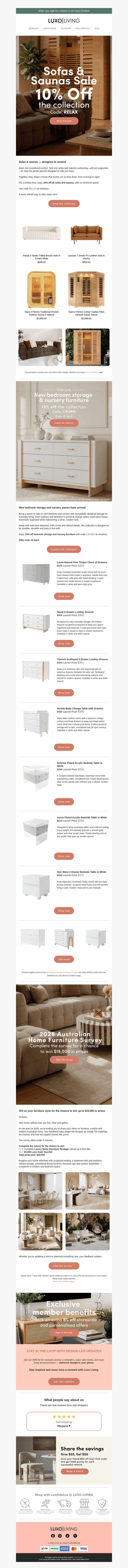 10% off all sofas and saunas — Limited time