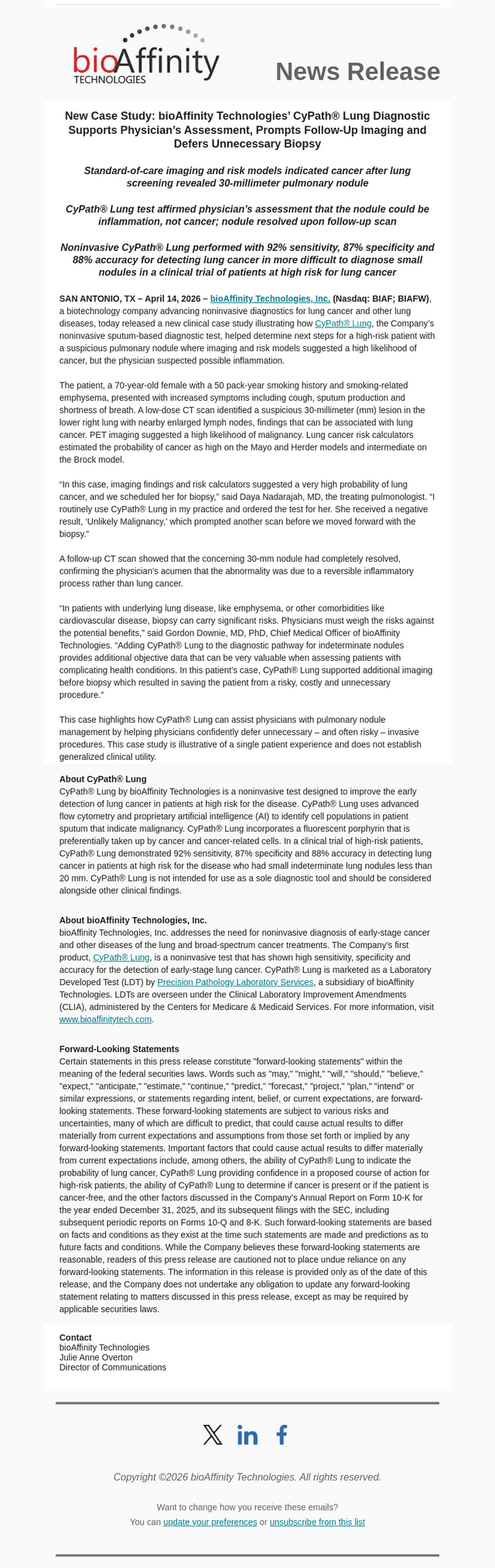 BioAffinity Technologies email from Tue, Apr 14, 2026