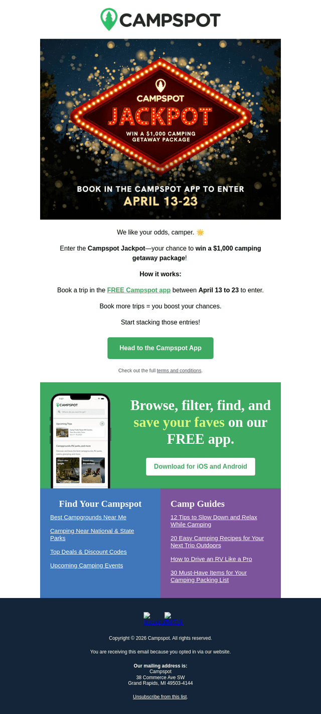 🎰 Campspot Jackpot: WIN a $1,000 Getaway