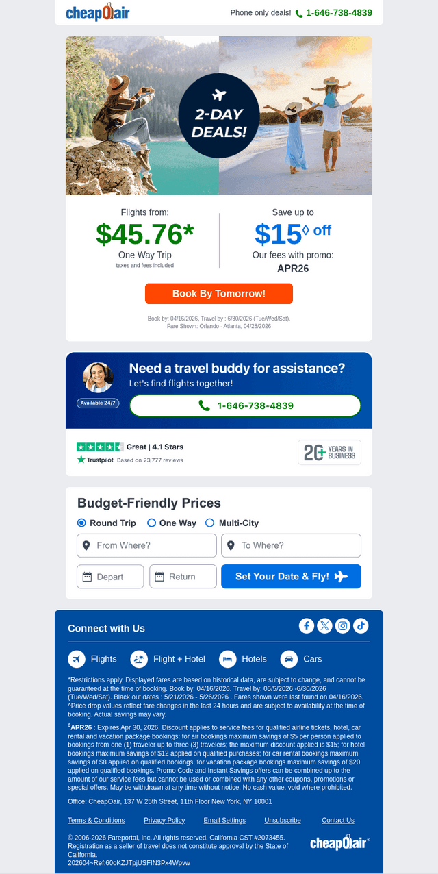 Book By Tomorrow! Fly from $45.76