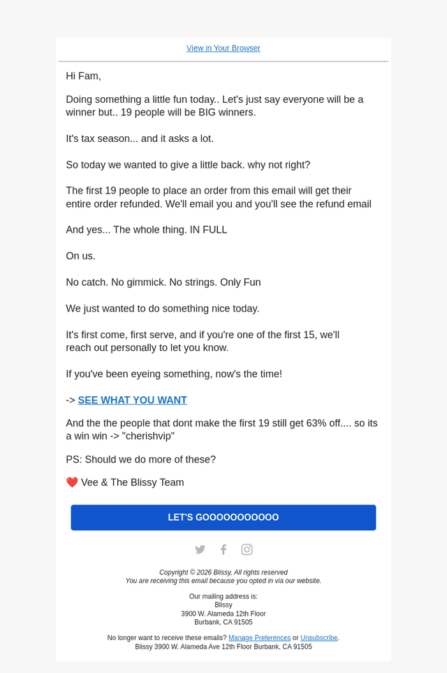 Bliss email from Wed, Apr 15, 2026