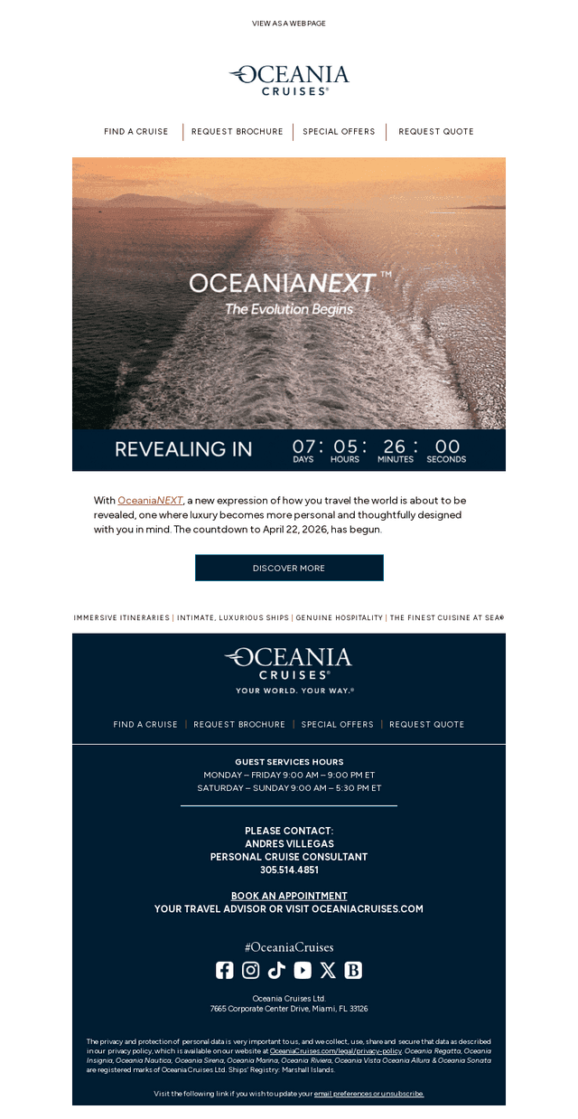 Oceania Cruises email from Wed, Apr 15, 2026