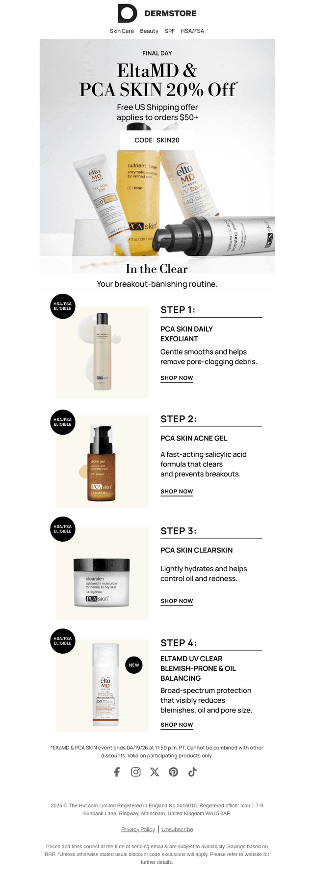 Final Day: 20% Off EltaMD & PCA SKIN