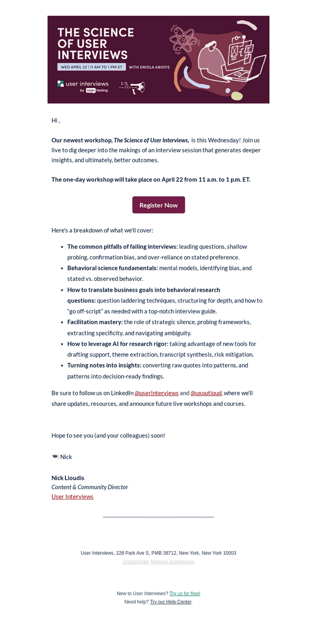 User Interviews email from Mon, Apr 20, 2026