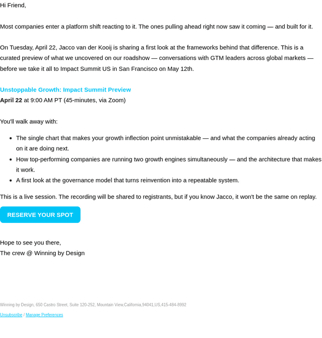 Winning by Design email from Mon, Apr 20, 2026