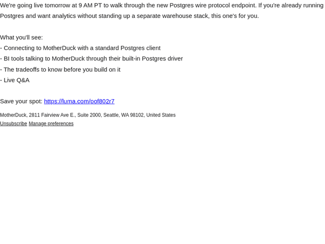 MotherDuck email from Mon, Apr 20, 2026