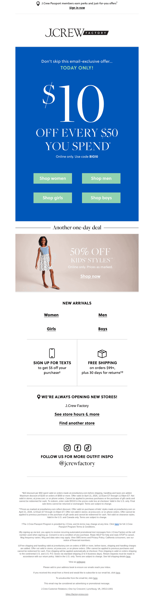 TODAY ONLY: $10 off every $50 you spend!