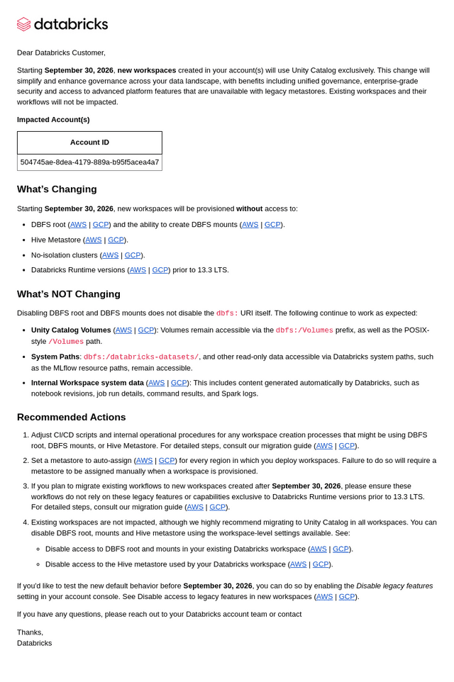 Unity Catalog Enforcement for New Workspaces