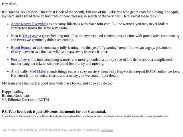 Book of the Month email from Wed, Apr 22, 2026