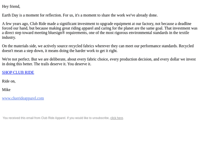 Club Ride Apparel email from Wed, Apr 22, 2026