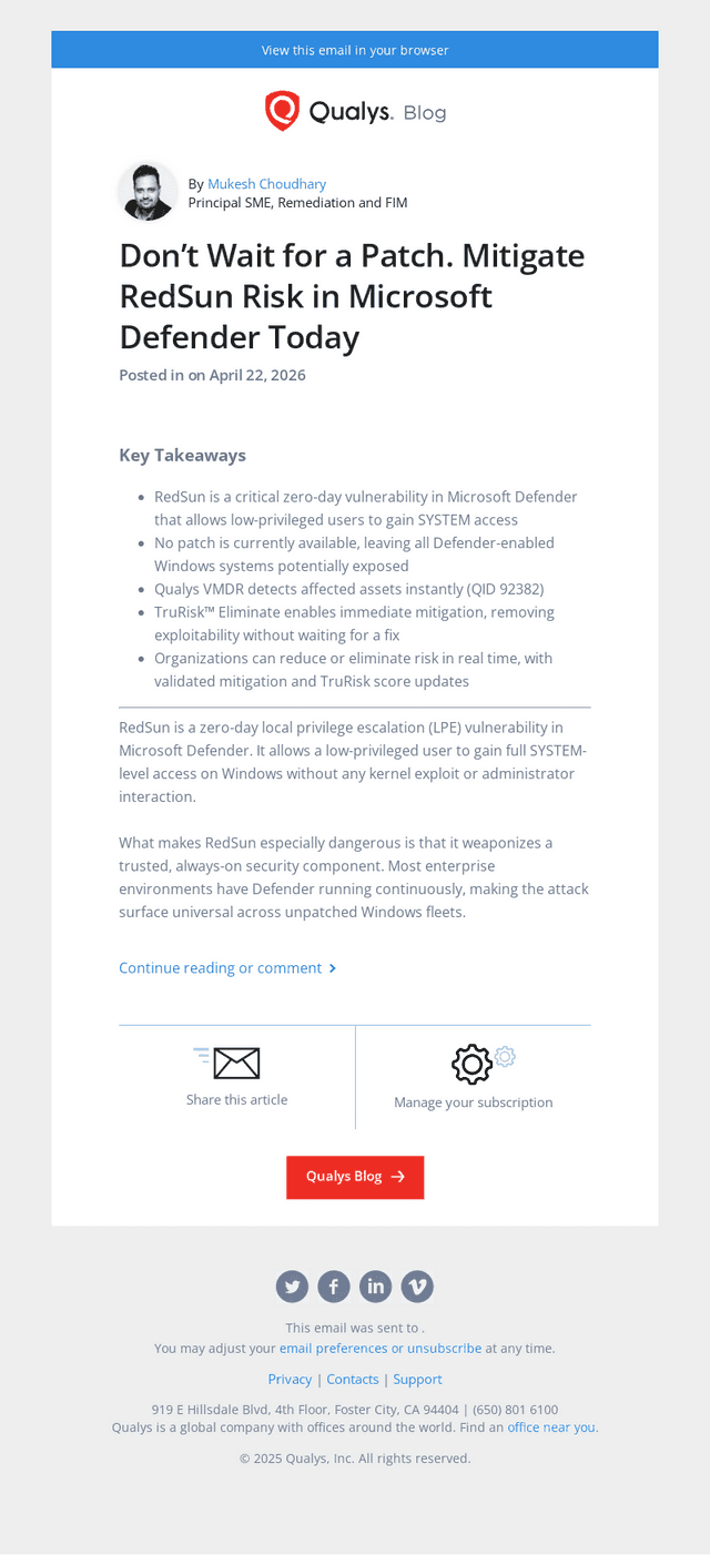 Read the latest post - Don’t Wait for a Patch. Mitigate RedSun Risk in Microsoft Defender Today