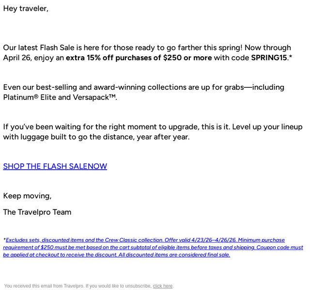 Travelpro Products email from Thu, Apr 23, 2026