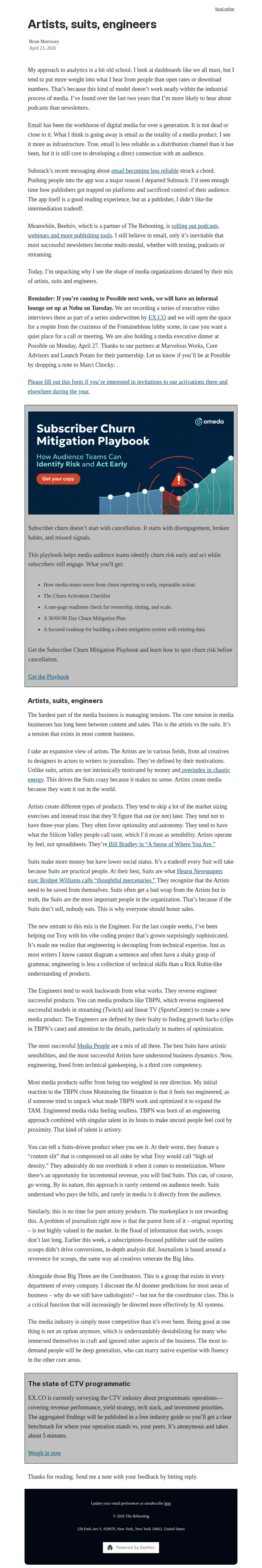 Artists, suits, engineers