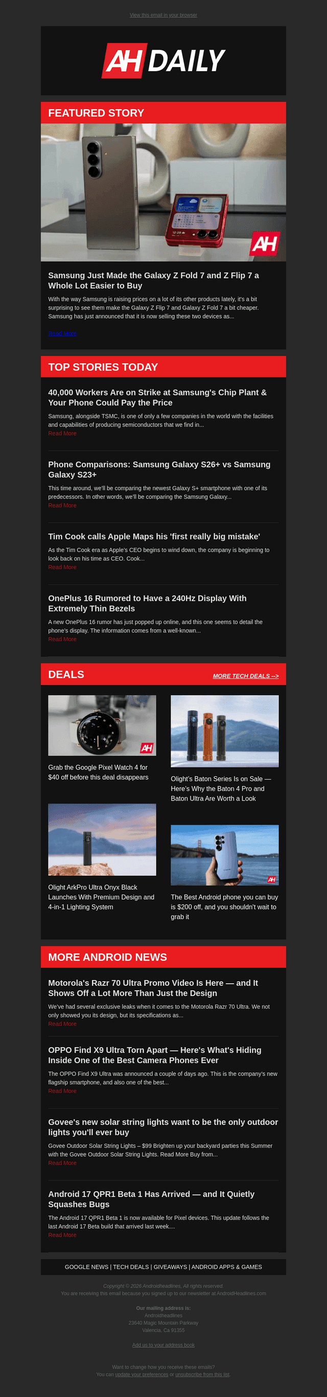 Android Headlines email from Thu, Apr 23, 2026