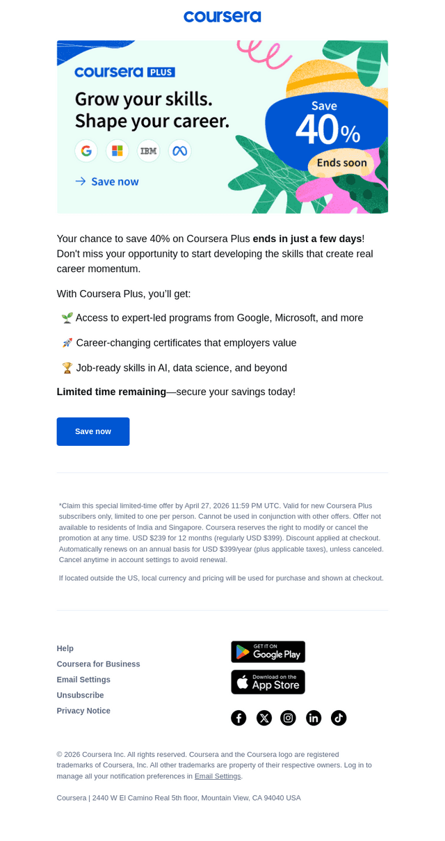 🚨 Final days to save 40% on Coursera Plus