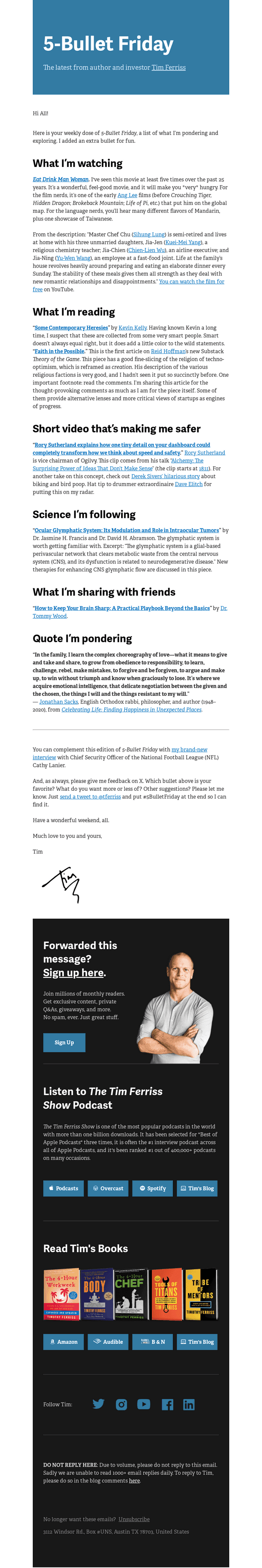 Tim Ferriss email from Fri, Apr 24, 2026