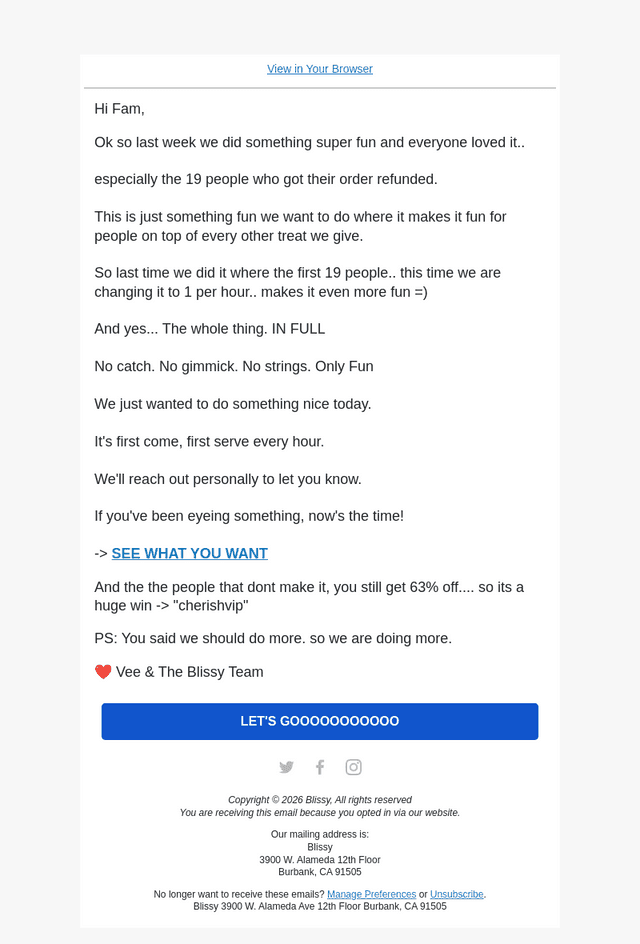 Bliss email from Sat, Apr 25, 2026
