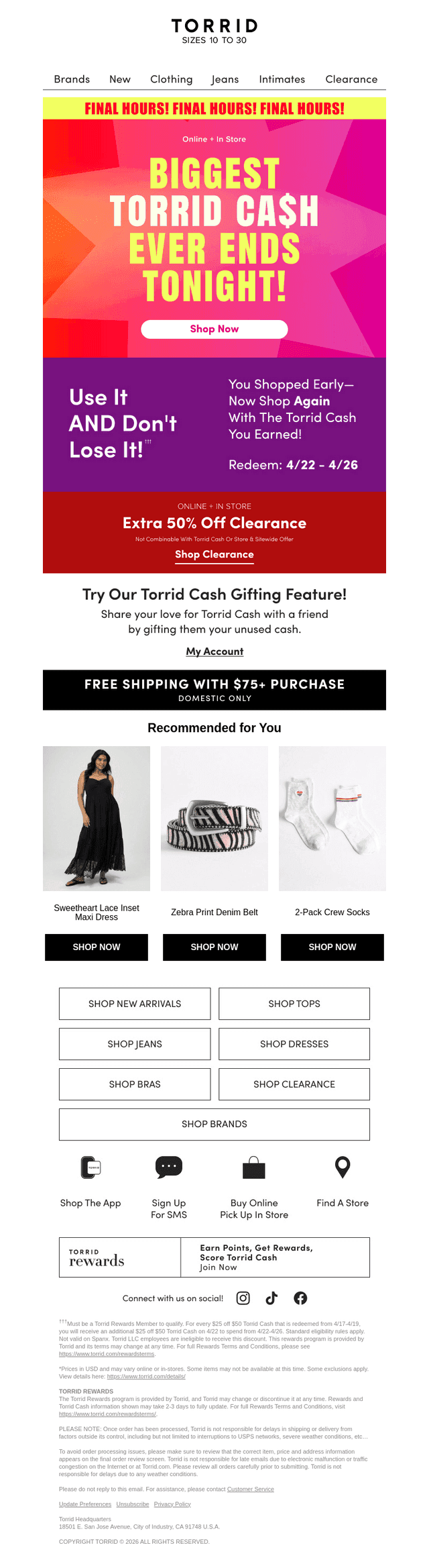 Absolute FINAL HOURS to redeem Torrid Cash!