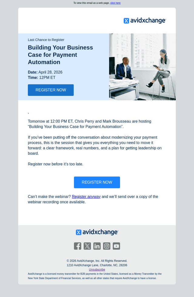 AvidXchange email from Mon, Apr 27, 2026