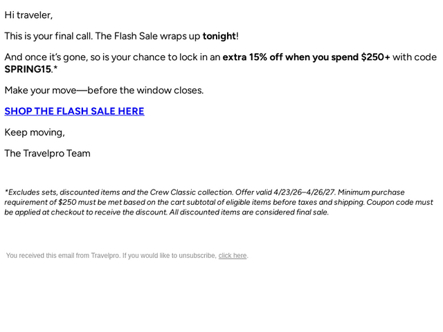 Travelpro Products email from Mon, Apr 27, 2026