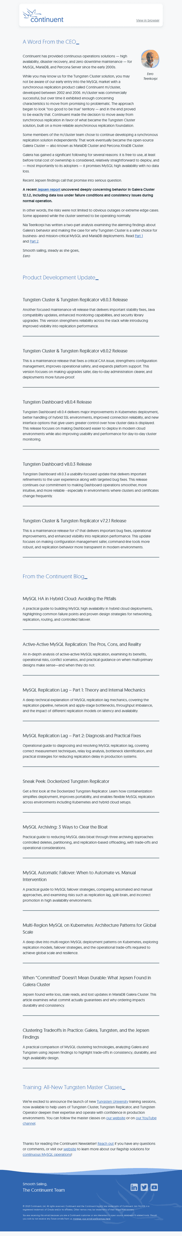 Continuent Newsletter: Spring 2026