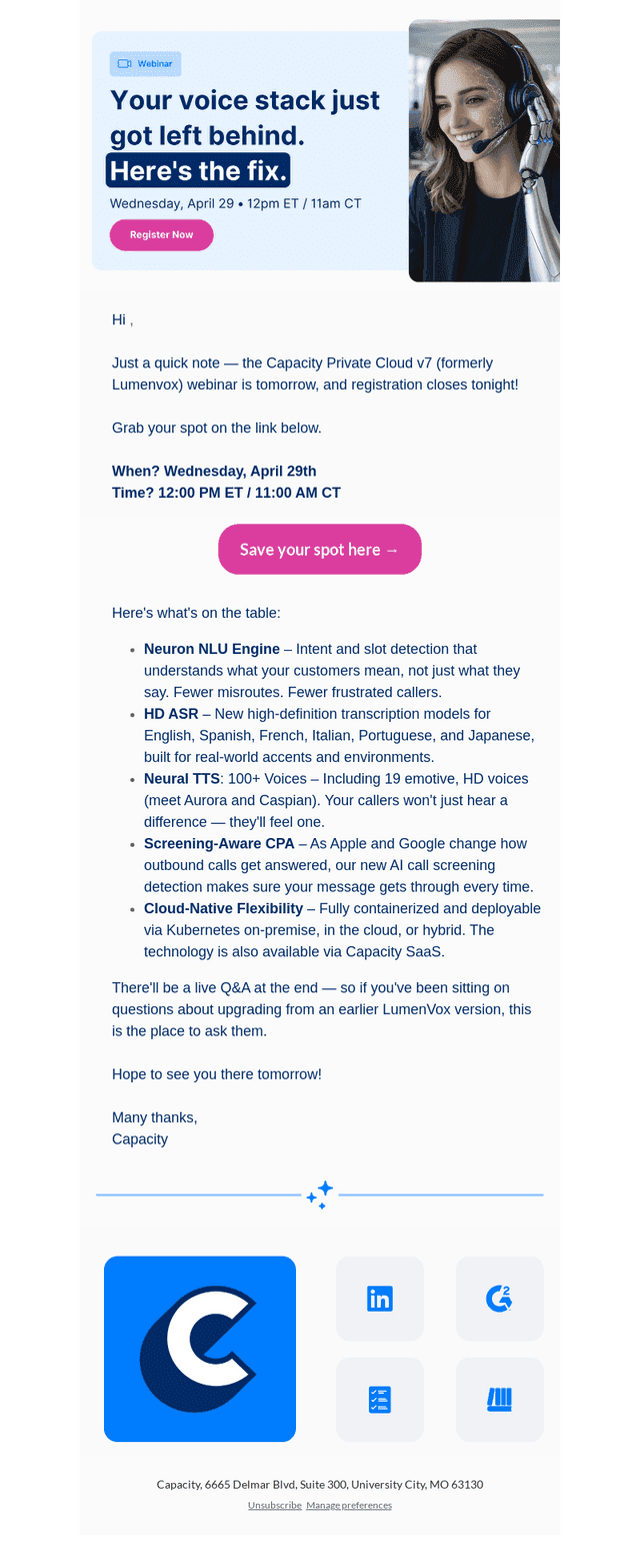 Capacity email from Tue, Apr 28, 2026