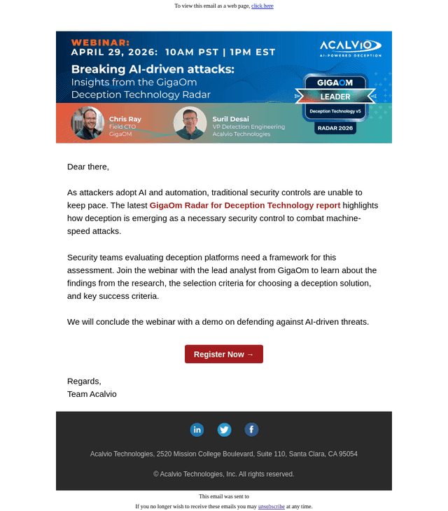Acalvio Technologies email from Tue, Apr 28, 2026