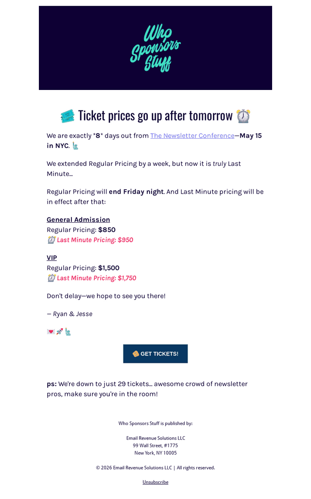 ⬆️ Ticket prices go up after *tomorrow*