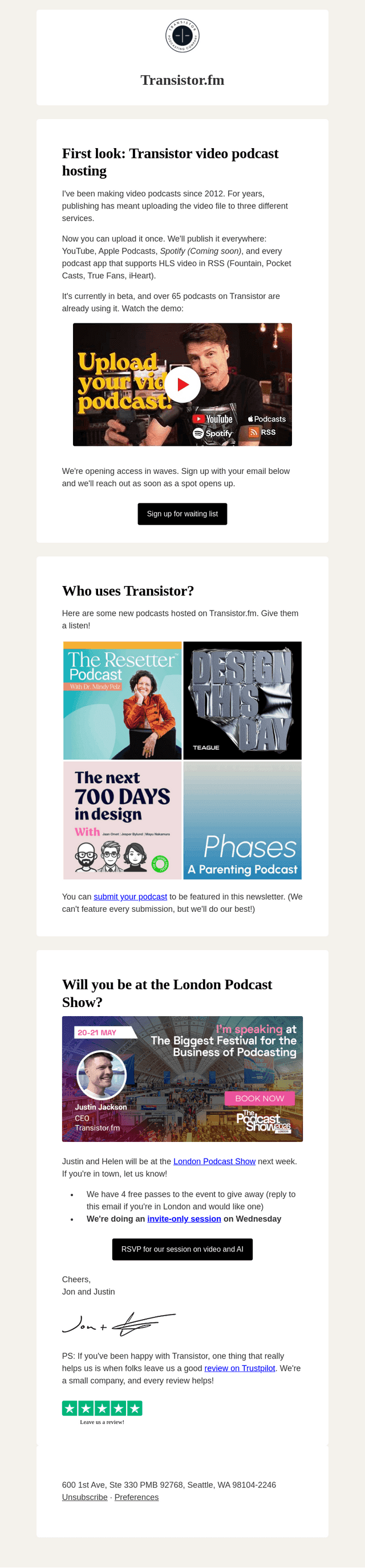 Transistor.fm email from Tue, May 12, 2026