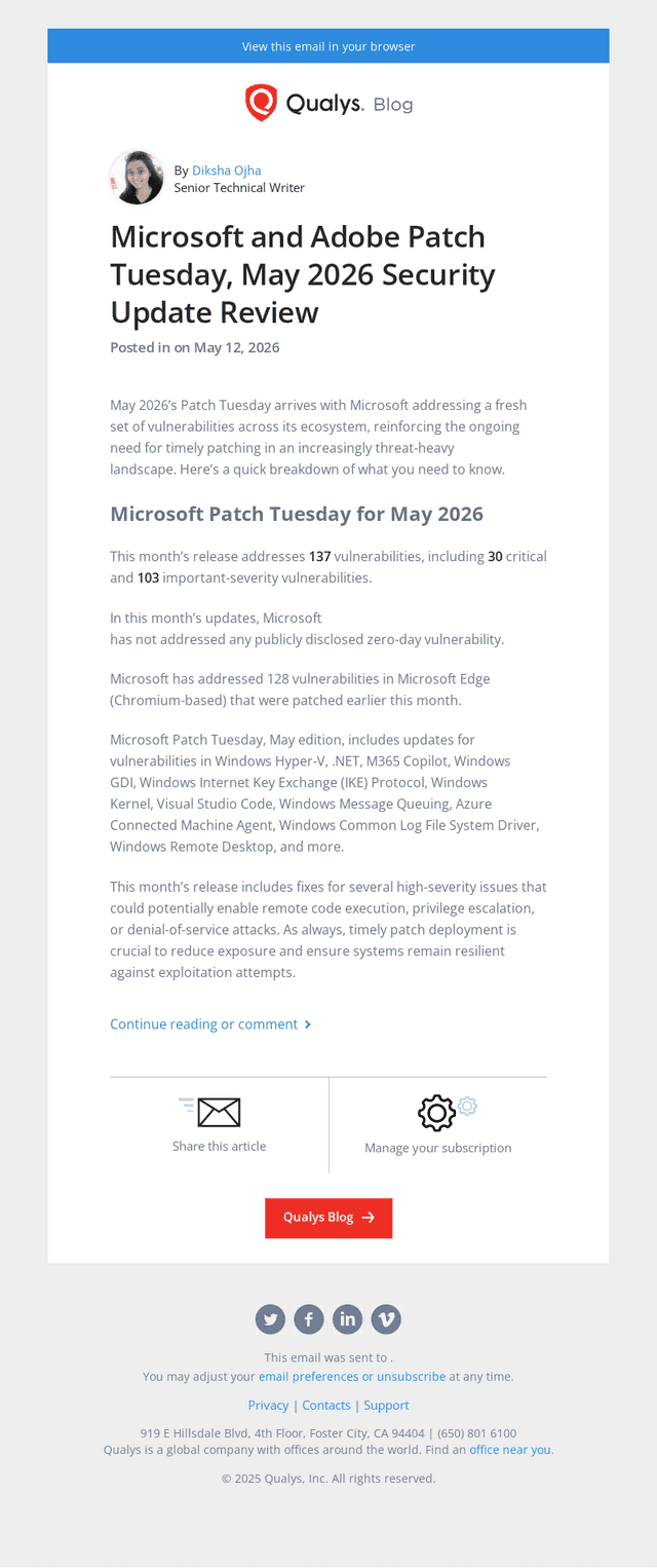 Read the latest post - Microsoft and Adobe Patch Tuesday, May 2026 Security Update Review